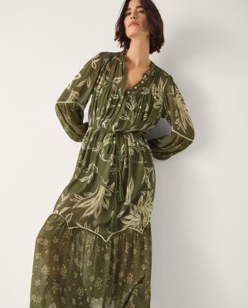Leona Print Long Sleeve Midi Dress Green