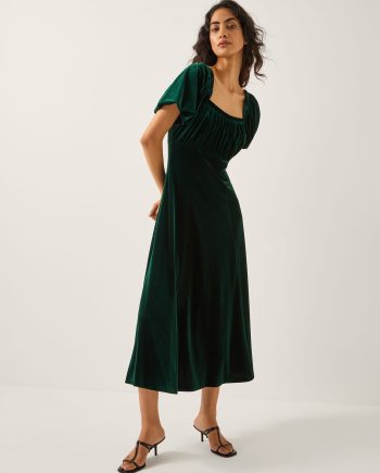Cynthia Puff Sleeve Velvet Midi Dress Green