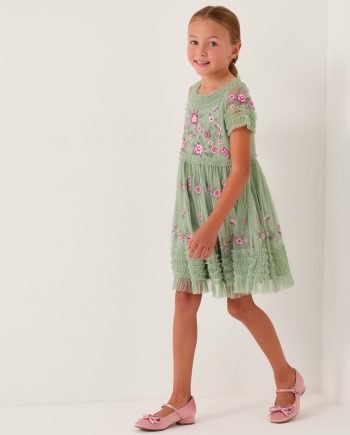 Floral Embroidered Ruffle Tulle Dress Green