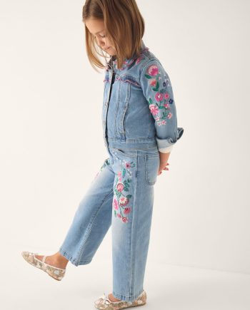 Sequin Floral Embroidered Wide Leg Jeans Blue