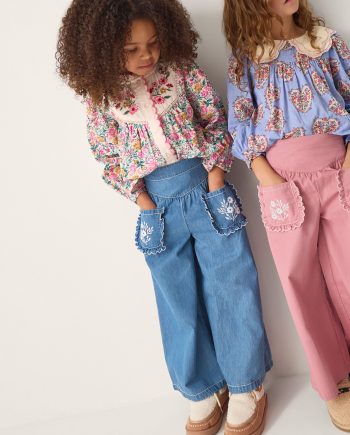 Embroidered Pocket Chambray Trousers Blue