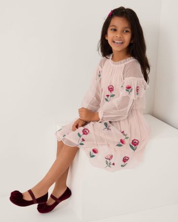 Floral Embroidered Scallop Tiered Dress Cream