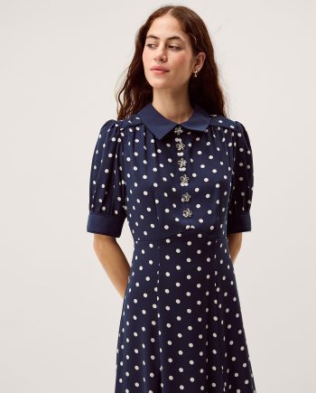 Kate Puff Sleeve Polka Dot Midi Dress Blue