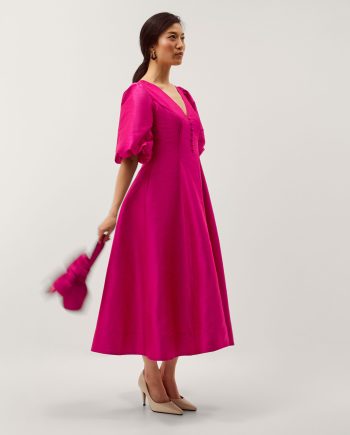 Beatrice Puff Sleeve A-Line Midi Dress Pink