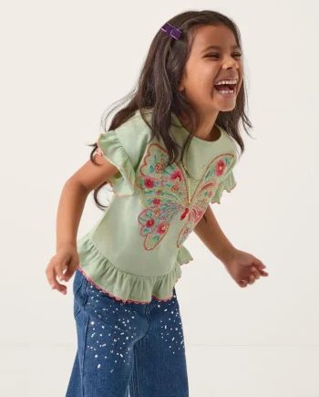 Butterfly Embellished Frill T-Shirt Green