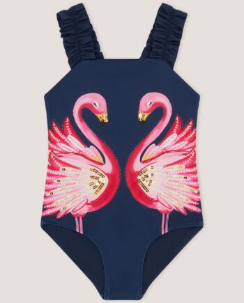 Sequin Flamingo Frill Swimsuit Blue