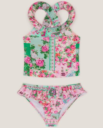 Patchwork Floral Frill Tankini Set Green