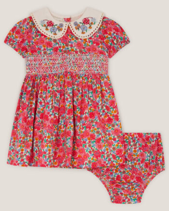 Baby Floral Puff Sleeve Dress & Knickers Set Pink