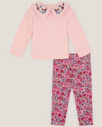 Baby Collar Top & Floral Leggings Set Pink