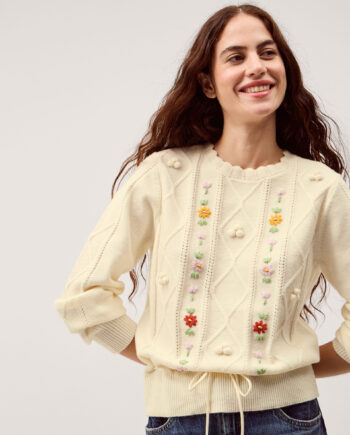 ELSIE FLORAL EMBROIDERED CABLE KNIT JUMPER IVORY