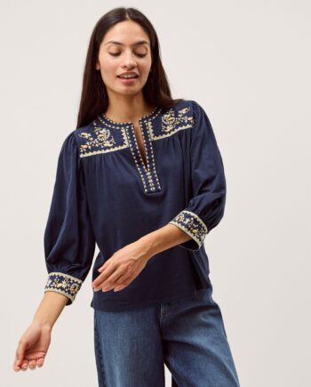 Emi Embroidered Cotton Jersey Top Blue