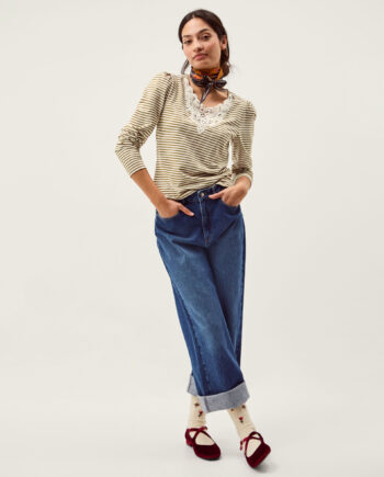 Lauren Lace Stripe Jersey Top Ivory