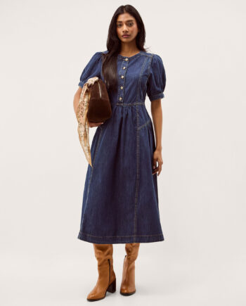 Eliza Puff Sleeve Denim Midi Dress Blue