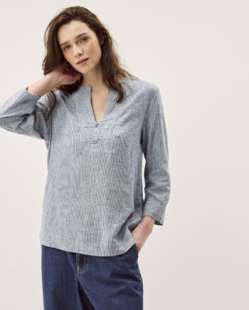 Alexis Stripe Linen-Blend Top Blue