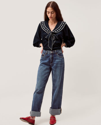 Lola Embroidered Sailor Collar Top Blue