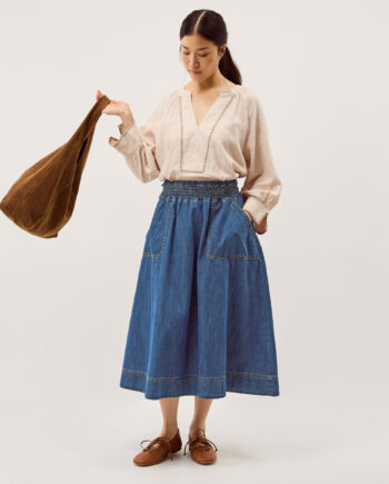 Sophie Shirred Denim Midi Skirt Blue