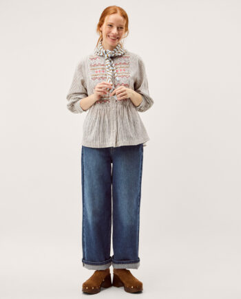 HETTIE EMBROIDERED SHIRRED STRIPE SHIRT BLACK