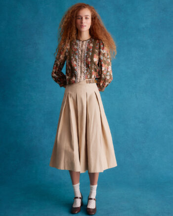 Poppy Buckle Pleated Midi Skirt Natural