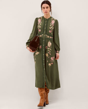 AMELIE FLORAL EMBROIDERED MIDI DRESS GREEN