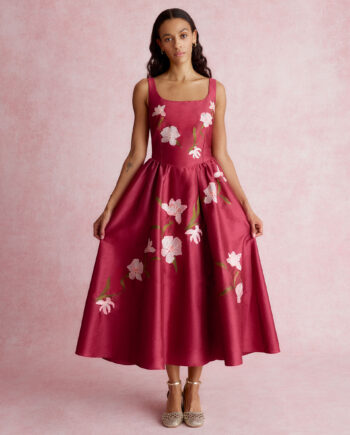 Anya Floral Embroidered Fit & Flare Midi Dress Pink