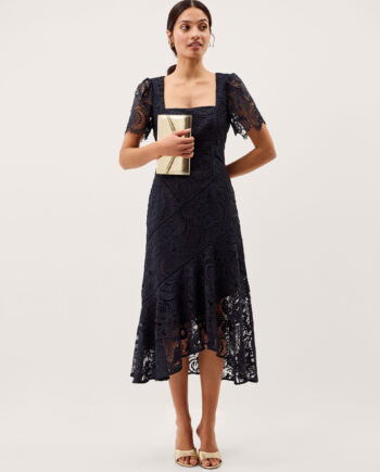 HARPER SQUARE NECK LACE MIDI DRESS BLUE