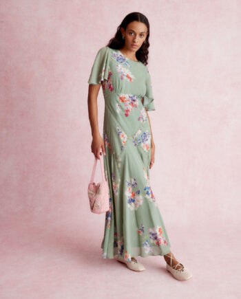 Amber Flutter Floral Print Maxi Dress Green