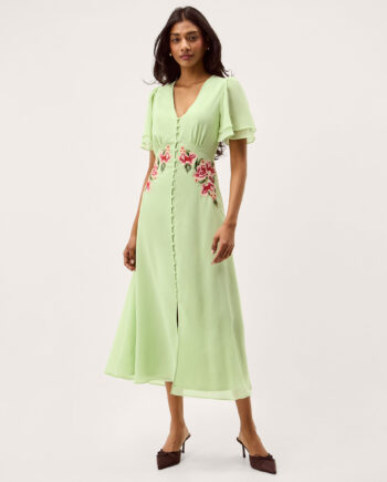 Coraline Floral Embroidered Midi Dress Green