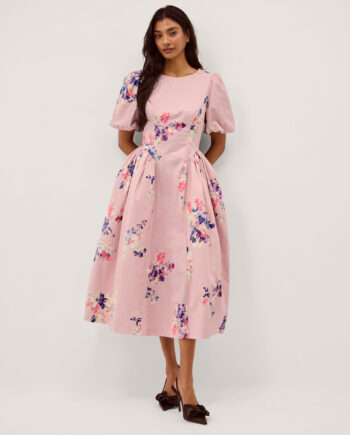 AMBER PUFF SLEEVE FLORAL MIDI DRESS PINK