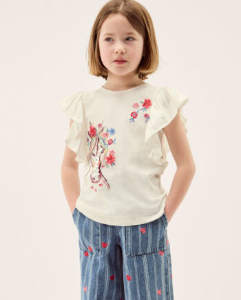 Embroidered Unicorn Ruffle T-Shirt Ivory