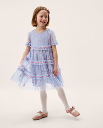 Floral Embroidered Floral Tulle Tier Dress Blue