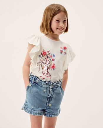Daisy Embroidered Denim Shorts Blue