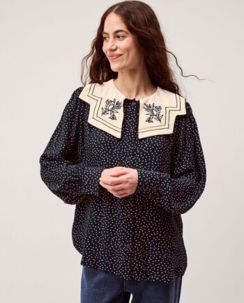 Ivy Embroidered Collar Polka Dot Blouse Blue