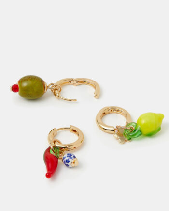3-Pack Glass Fruit Charm Huggie Hoop Earrings