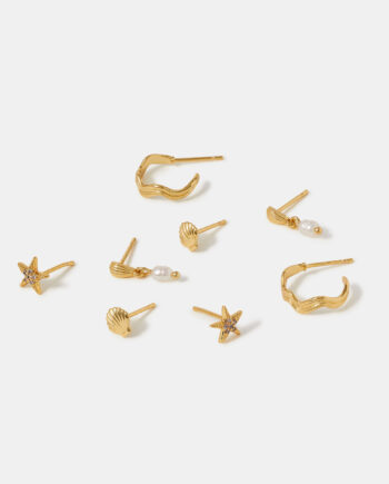 4-PACK 14CT GOLD-PLATED SHELL PEARL STUD & HOOP EARRINGS
