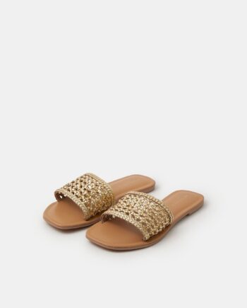 WOVEN METALLIC LEATHER SLIDE SANDALS GOLD