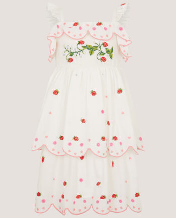 Strawberry Embroidered Tiered Dress Ivory