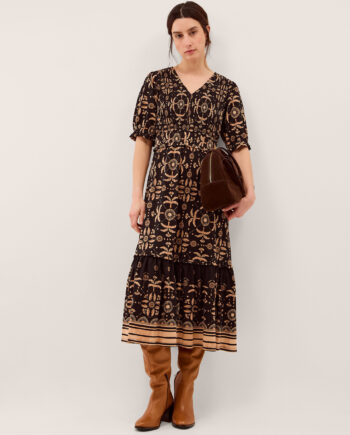 Thalia Palm Print Jersey Midi Dress Black