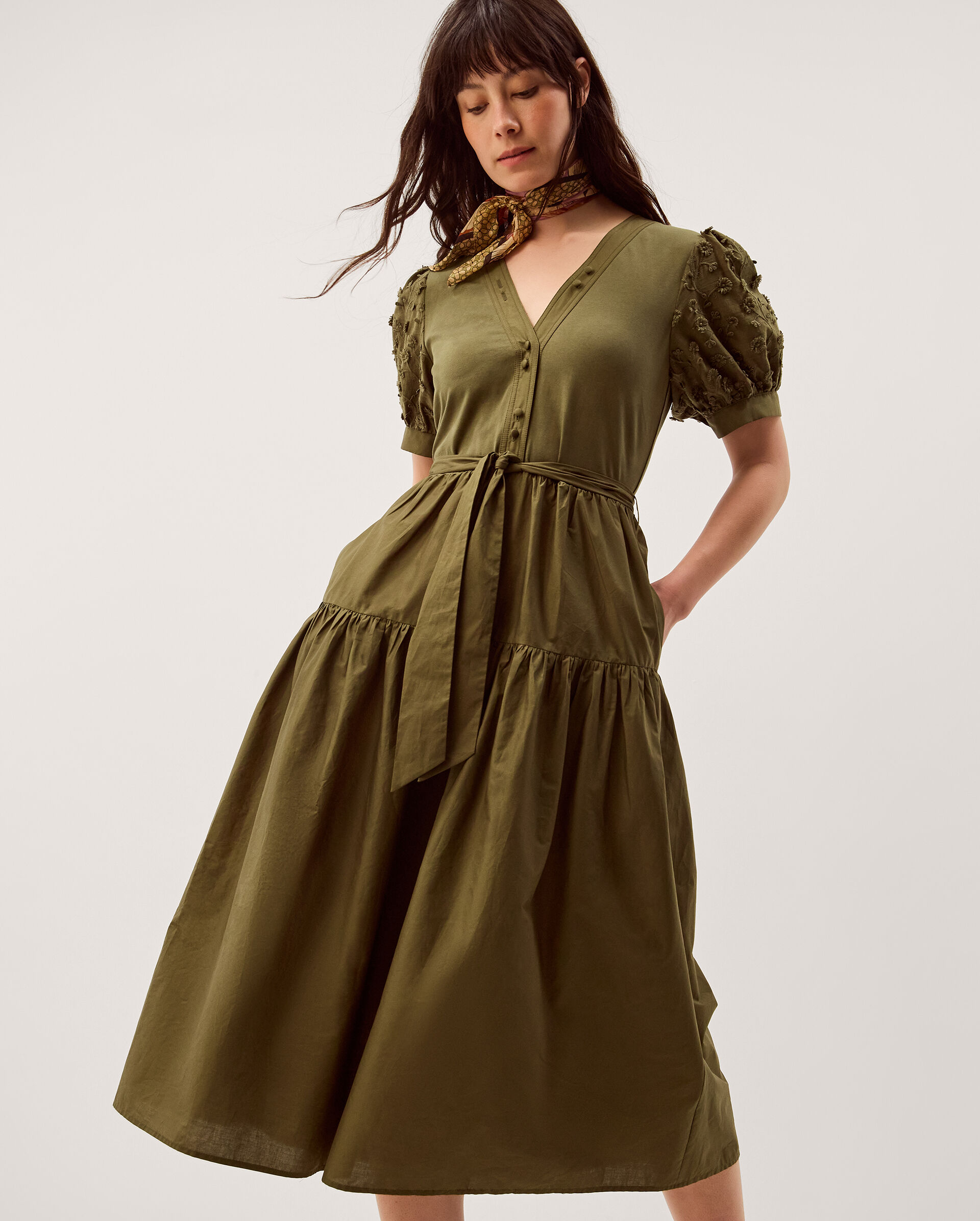slim fit dress slacks Green Spotty Puff Sleeve Betty Midi Dress main image 1