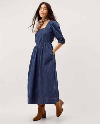 LILY SQUARE NECK DENIM MIDI DRESS BLUE