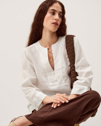 Alexis Knot Button Linen Top White