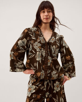 Esther Floral Linen Blend Top Brown