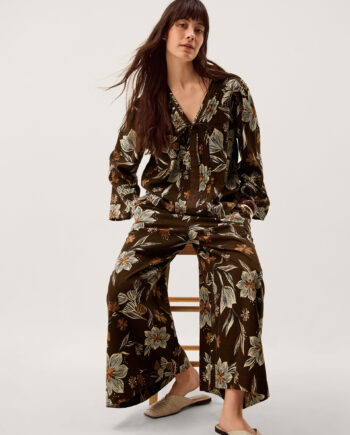 Esther Floral Linen Blend Wide Leg Trousers Brown