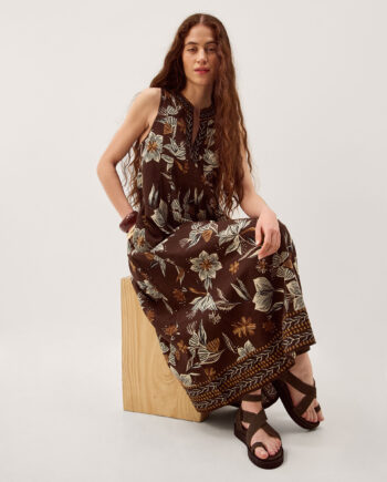 Esther Floral Linen Blend Midi Dress Brown