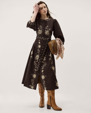ELOISE FLORAL EMBROIDERED MIDI DRESS BROWN