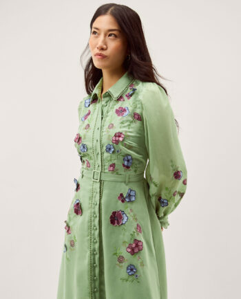 Orla Floral Embroidered Midi Shirt Dress Green