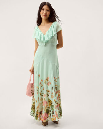 Aimee Floral Print Ruffle Maxi Dress Green