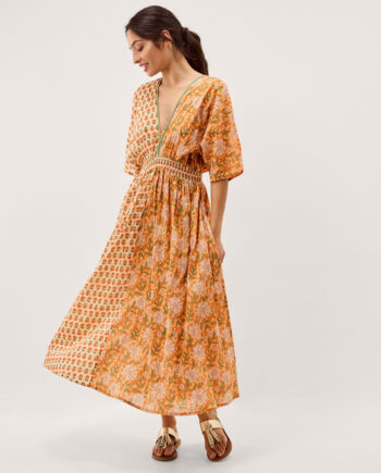 Carris Plunge Floral Midi Dress Orange