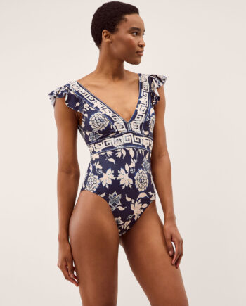 Gloria Plunge Floral Ruffle Swimsuit Blue