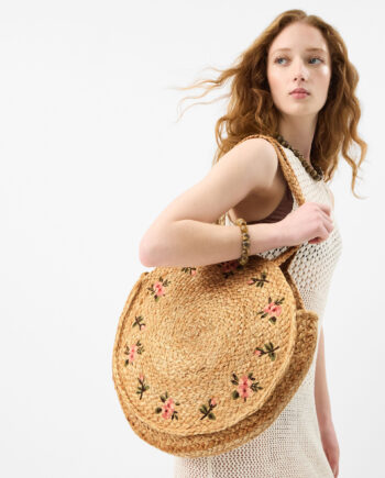 FLORAL EMBROIDERED ROUND BEACH BAG