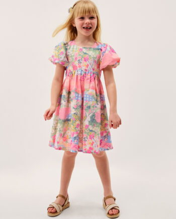 Bunny Scene Puff Sleeve Dress Yellow